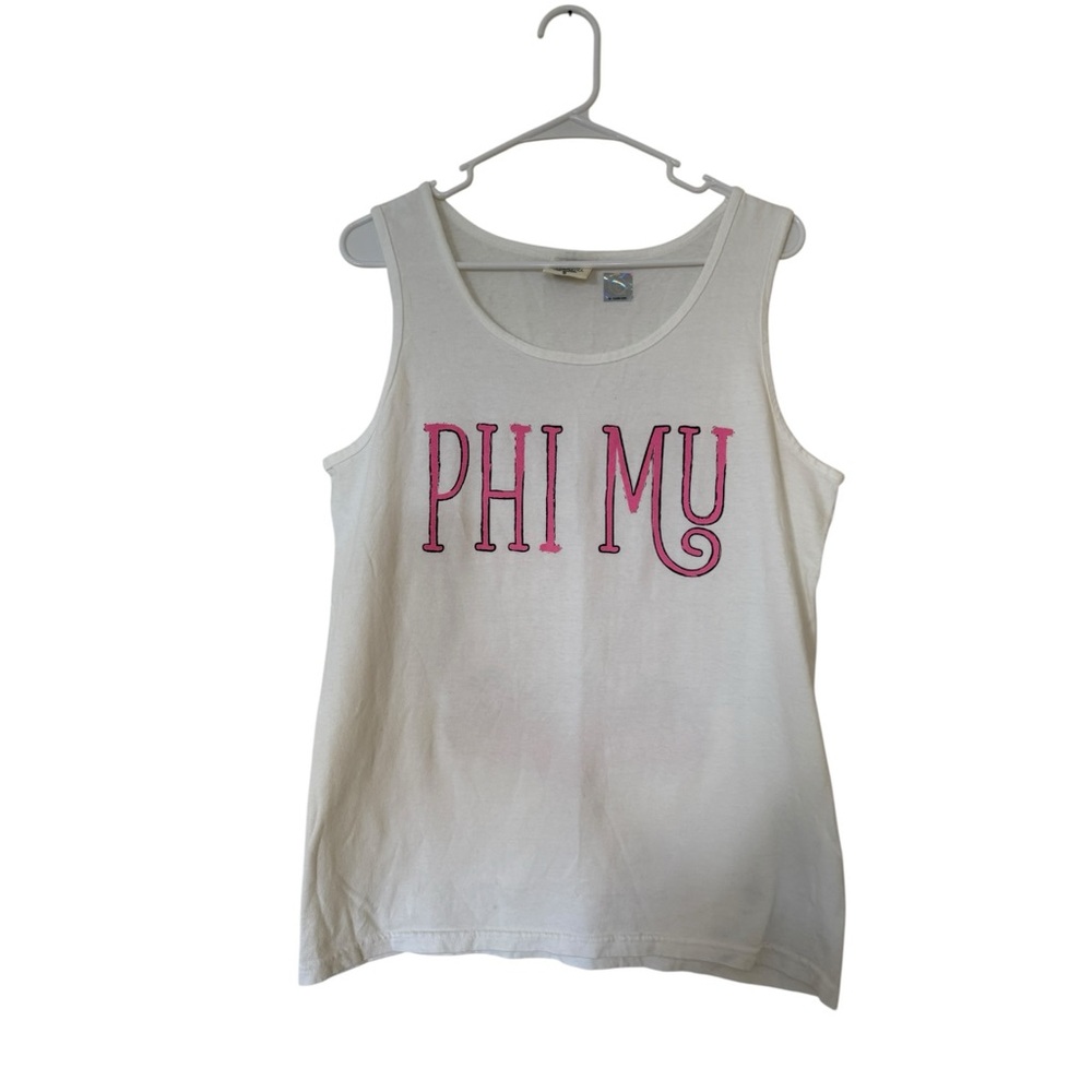 Phi Mu Fraternity Sorority White Oversized Tank Top with Pink Letters Size Small